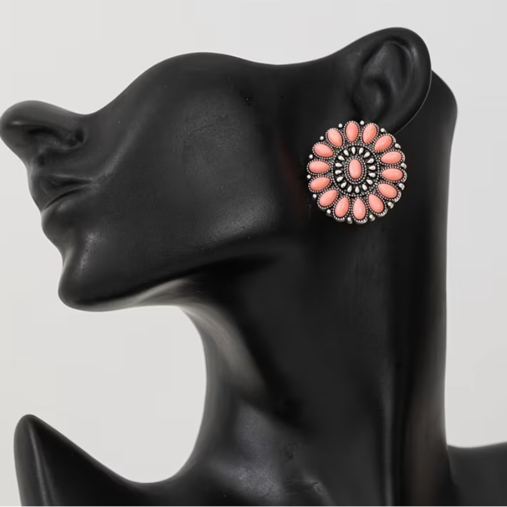 Coral Pink Floral Round Bohemian Style Statement Earrings Western Jewelry NWT - Picture 4 of 5